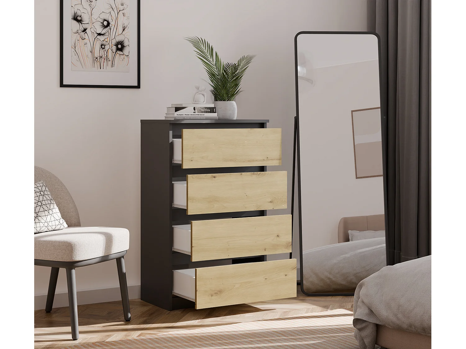 Cassettiera moderna con 4 cassetti 70x40x97cm rovere/antracite CMMT8