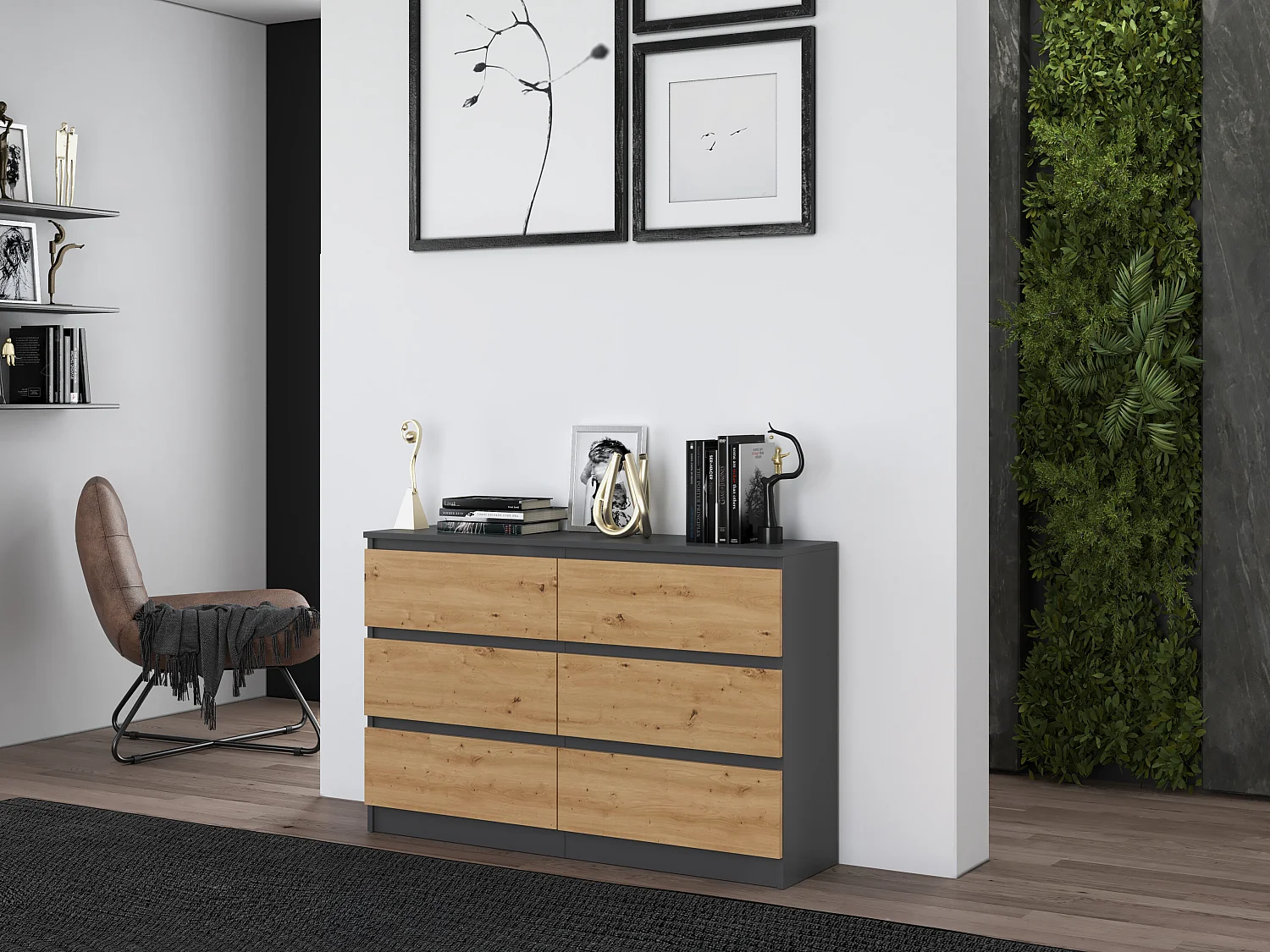 Cassettiera per camera da letto con 6 cassetti 120x30x75 cm rovere/antracite CMMT10