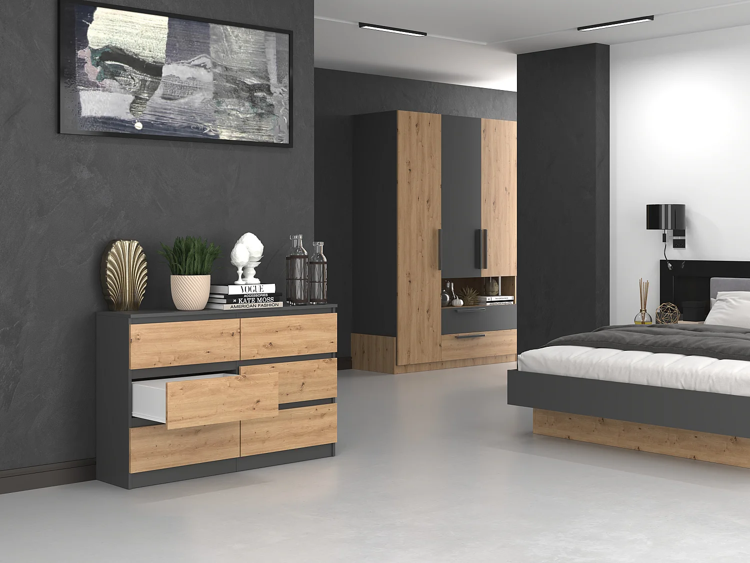Cassettiera per camera da letto con 6 cassetti 120x30x75 cm rovere/antracite CMMT10