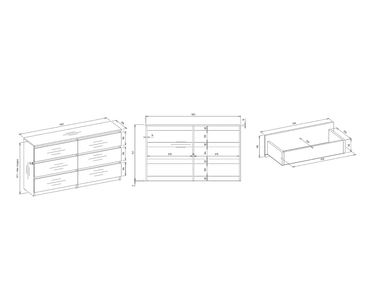 Cassettiera per camera da letto con 6 cassetti 120x30x75 cm rovere/antracite CMMT10