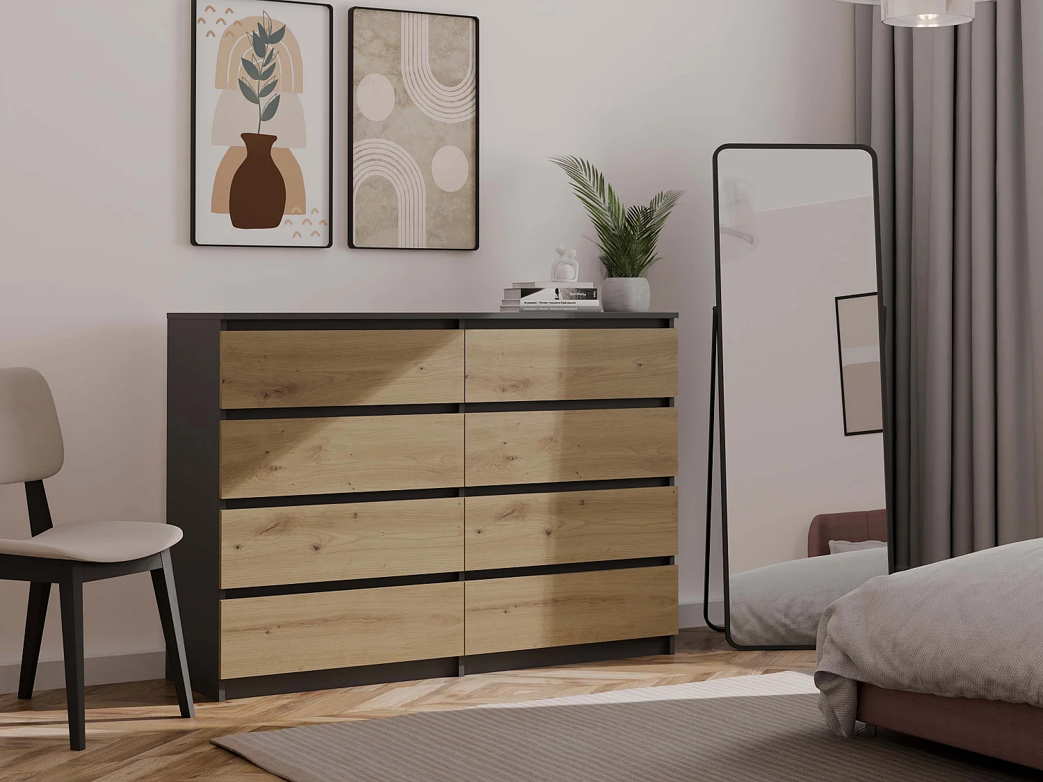 Cassettiera moderna con 8 cassetti 138x40x97 cm rovere/antracite CMMT13