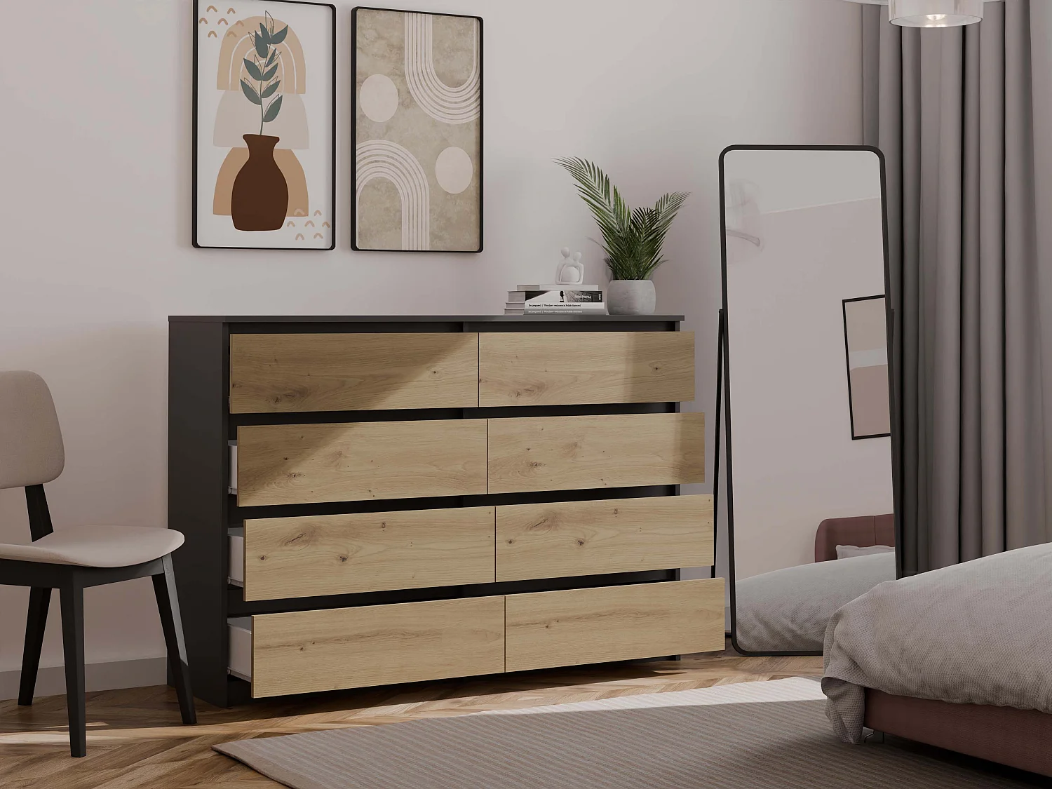 Cassettiera moderna con 8 cassetti 138x40x97 cm rovere/antracite CMMT13