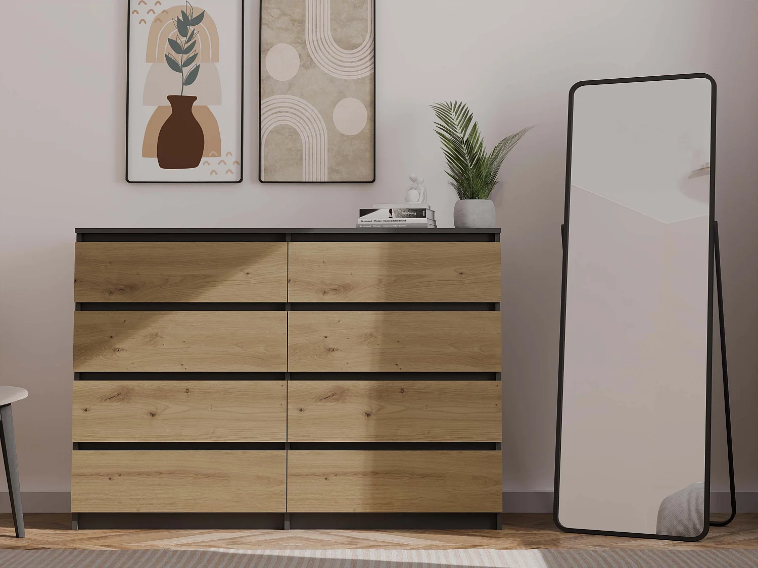 Cassettiera moderna con 8 cassetti 138x40x97 cm rovere/antracite CMMT13