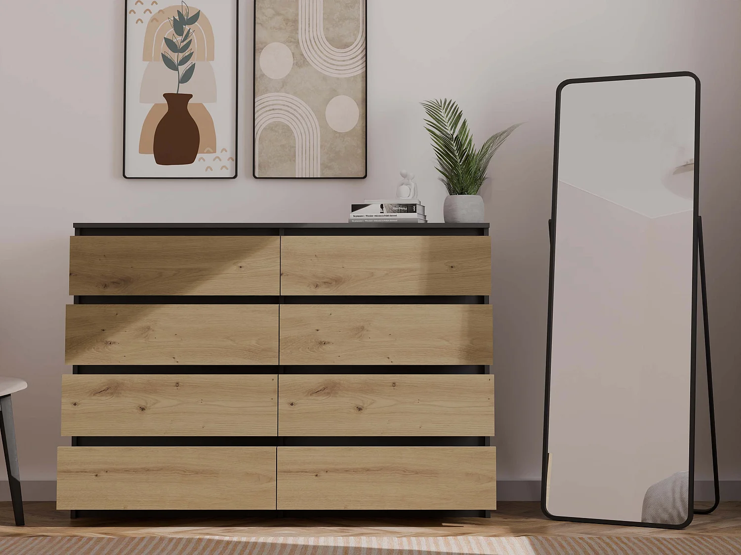 Cassettiera moderna con 8 cassetti 138x40x97 cm rovere/antracite CMMT13