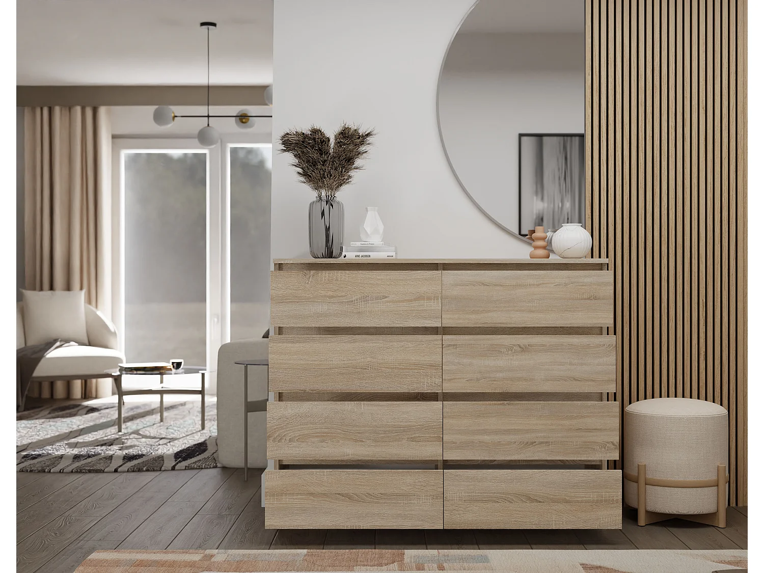 Cassettiera moderna con 8 cassetti 120x40x97 cm rovere chiaro CMMT12