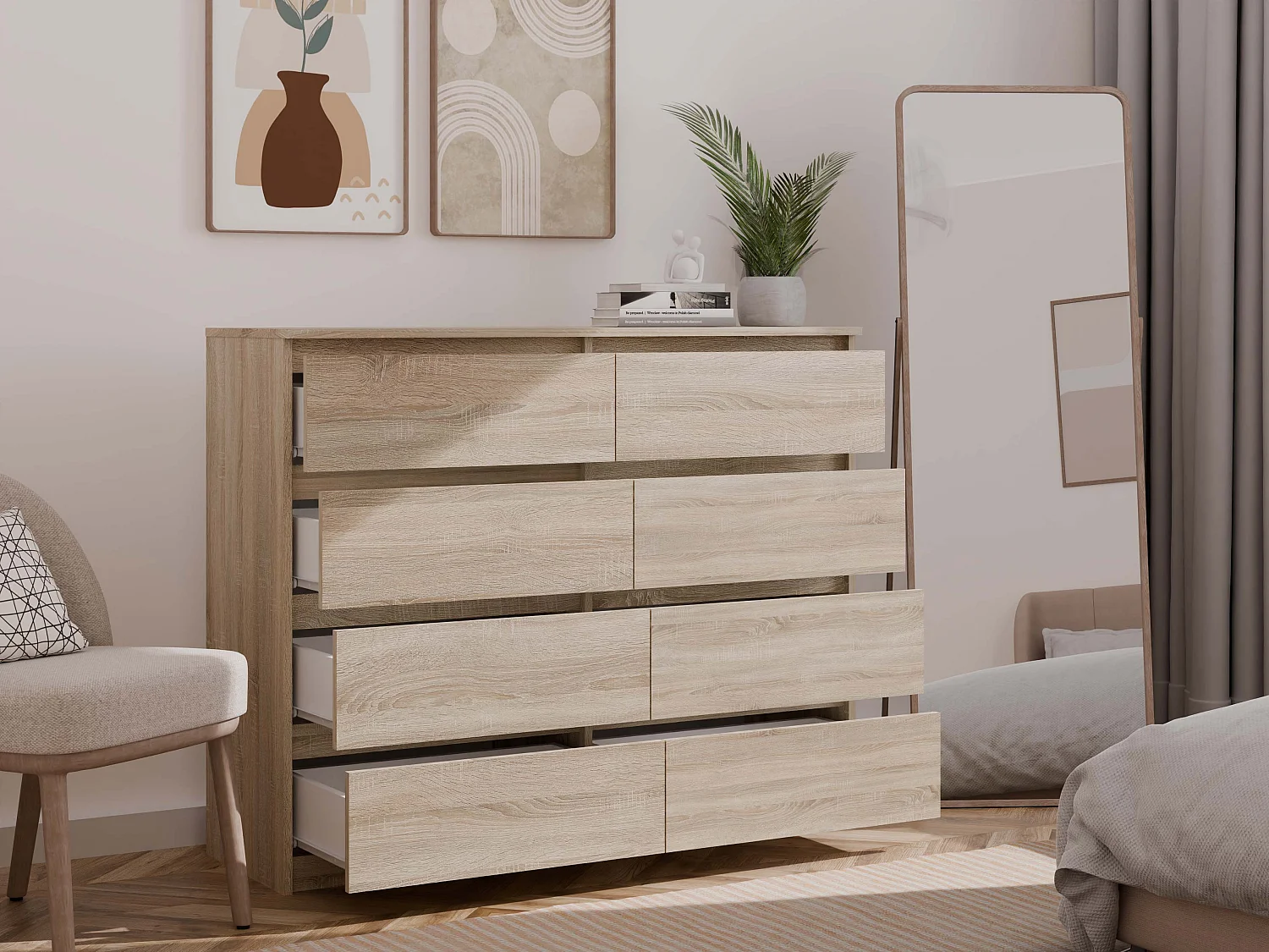 Cassettiera moderna con 8 cassetti 120x40x97 cm rovere chiaro CMMT12