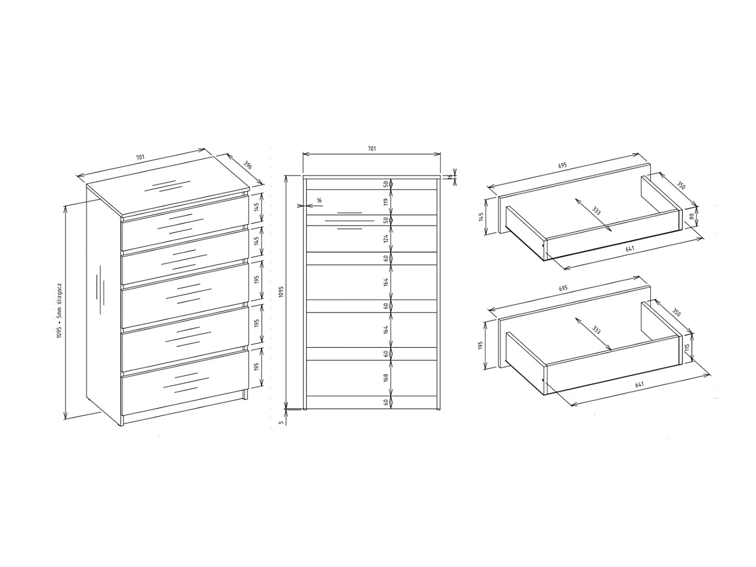 Cassettiera moderna con 5 cassetti 70x40x109 cm rovere/antracite CMMT9