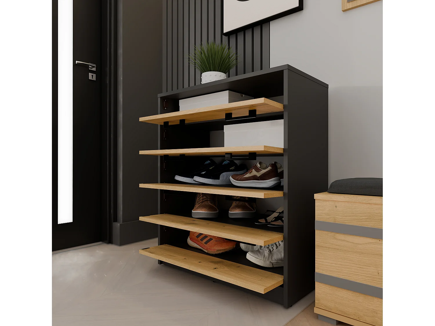 Scarpiera grande 74x84,5 cm con 5 ante a ribalta rovere e antracite SCAT8