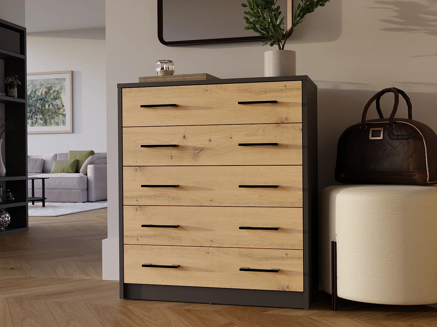 Scarpiera grande 74x84,5 cm con 5 ante a ribalta rovere e antracite SCAT8