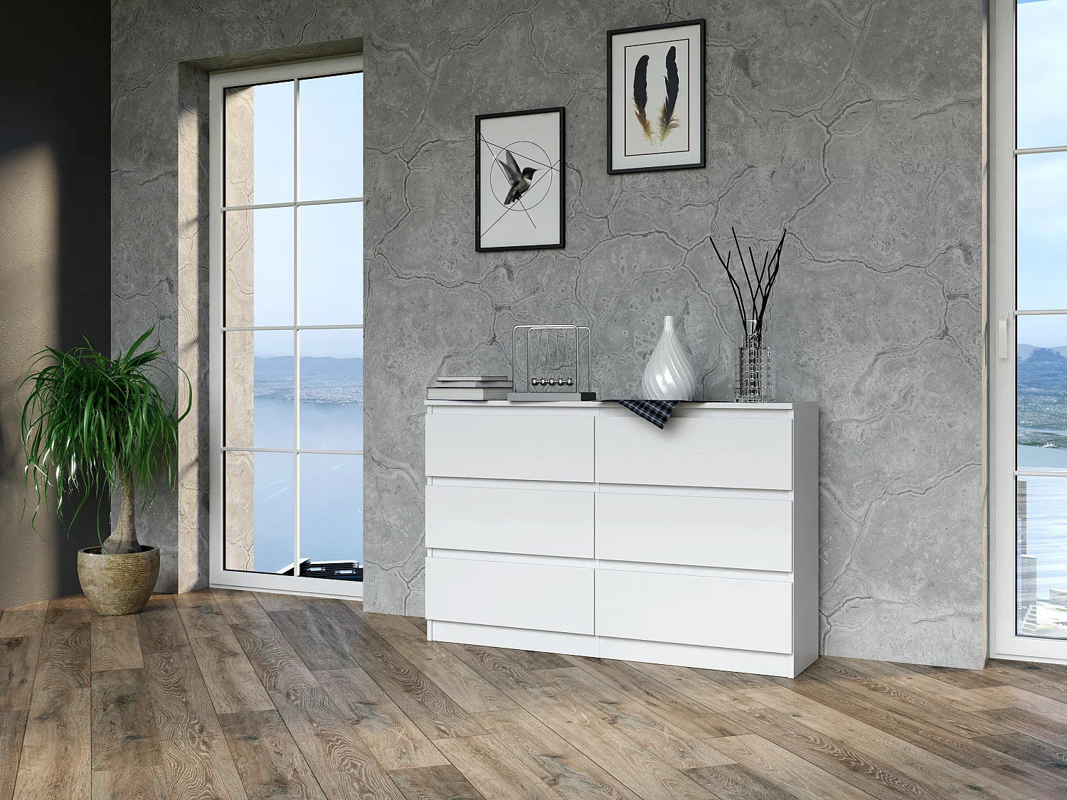 Cassettiera per camera da letto con 6 cassetti 120x30x75 cm bianco CMMT10