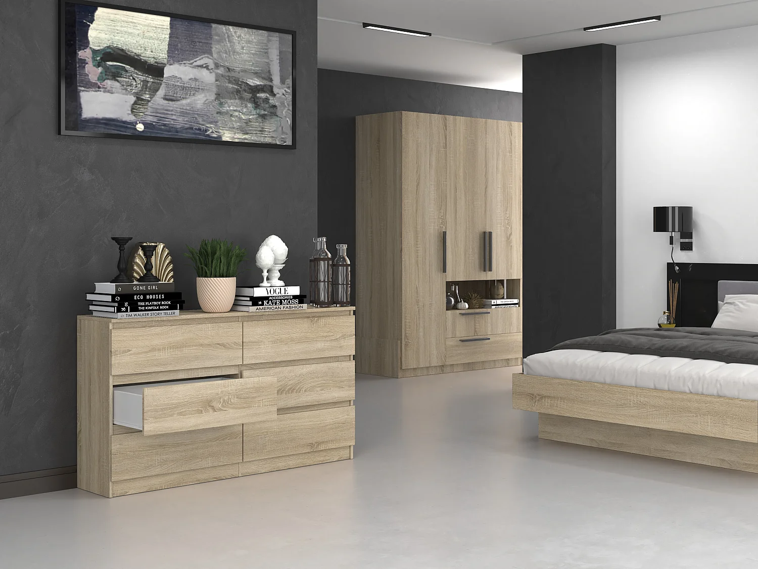 Cassettiera moderna con 6 cassetti 138x40x75 cm rovere chiaro CMMT11