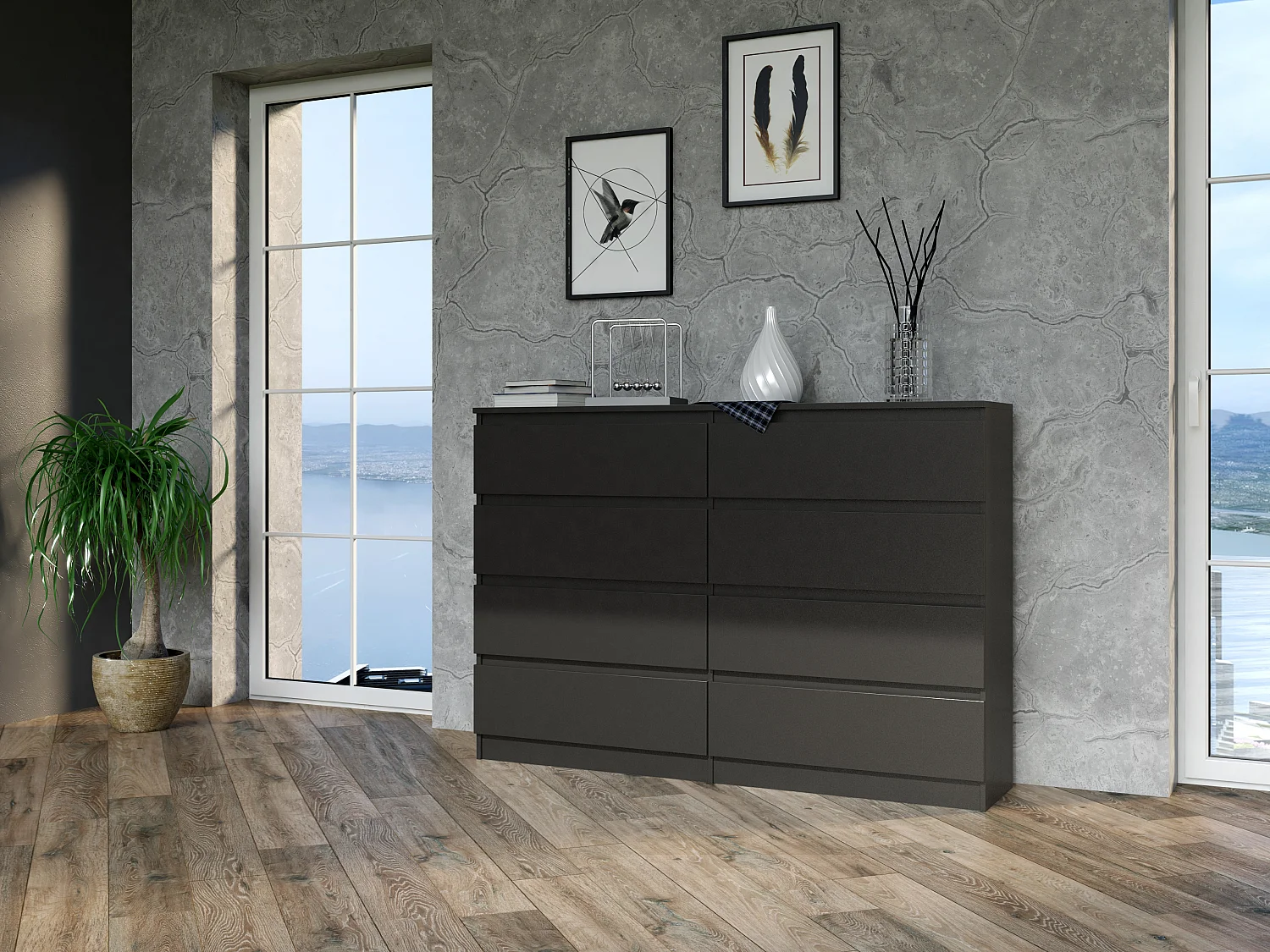 Cassettiera moderna con 8 cassetti 138x40x97 cm nera CMMT13