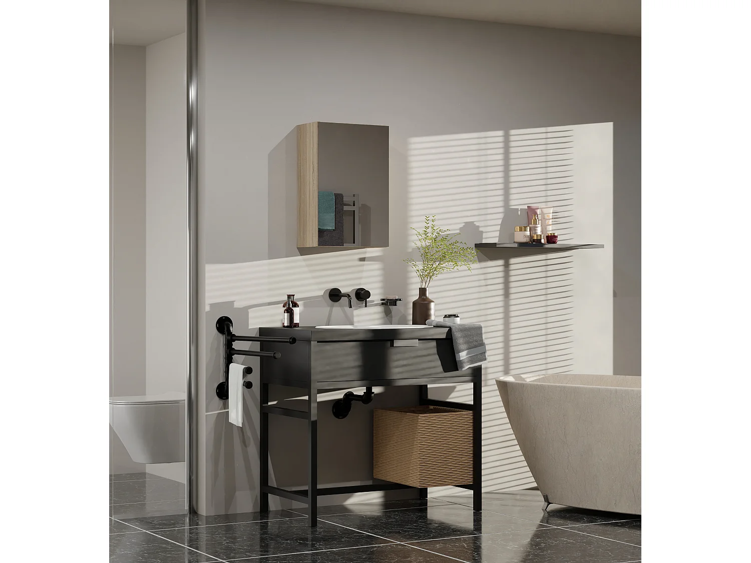 Specchio contenitore da bagno 40x60 cm con 3 ripiani rovere chiaro SPT3