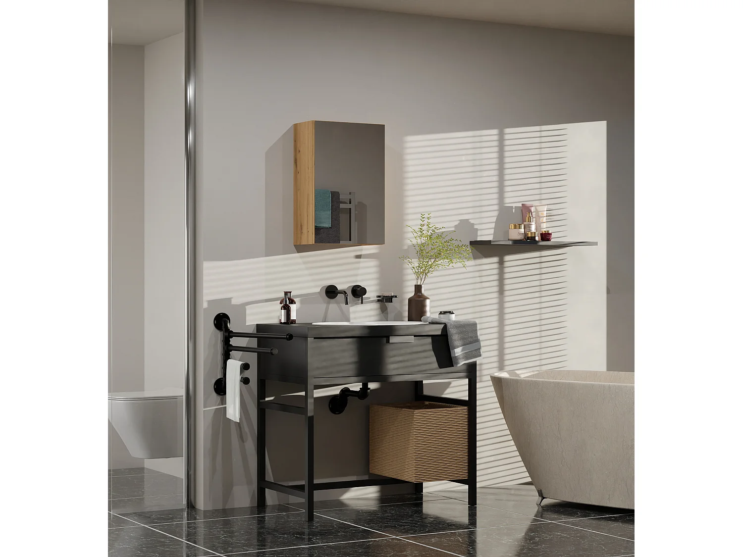 Specchio contenitore da bagno 40x60 cm con 3 ripiani rovere SPT3