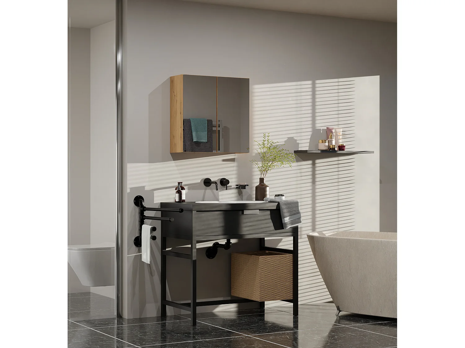 Specchio contenitore da bagno 60x60 cm con 2 ante rovere SPT4