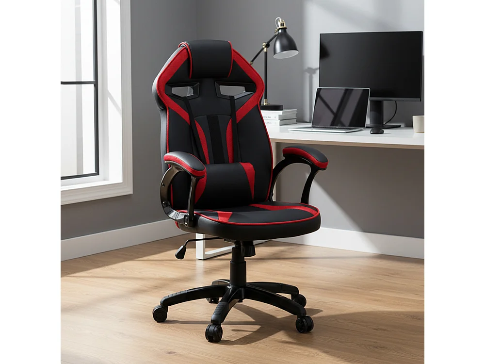 Sedia da ufficio e gaming ergonomica in ecopelle rosso/nera ST7