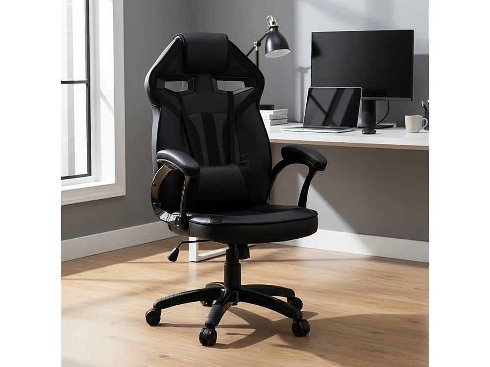 Sedia da ufficio e gaming ergonomica in ecopelle nera ST7