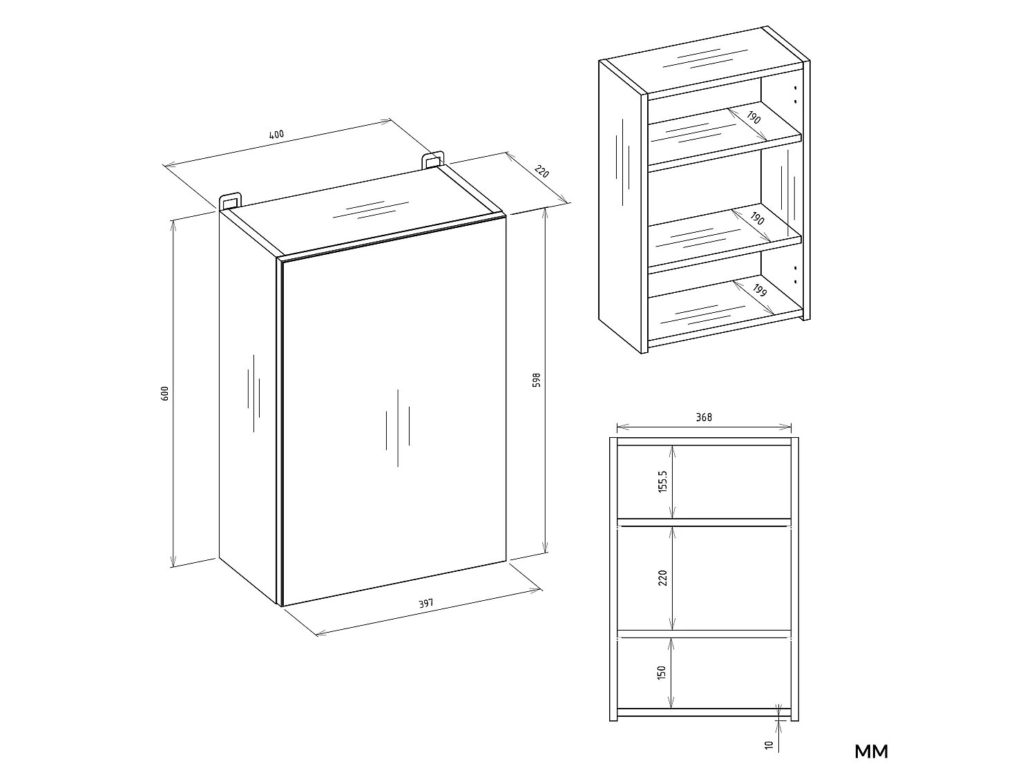 Specchio contenitore da bagno 40x60 cm con 3 ripiani bianco SPT3