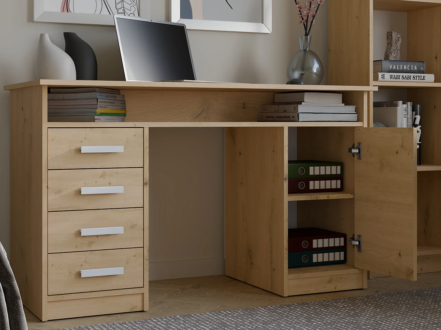 Scrivania 125x75 cm con 4 cassetti e anta rovere SCT9