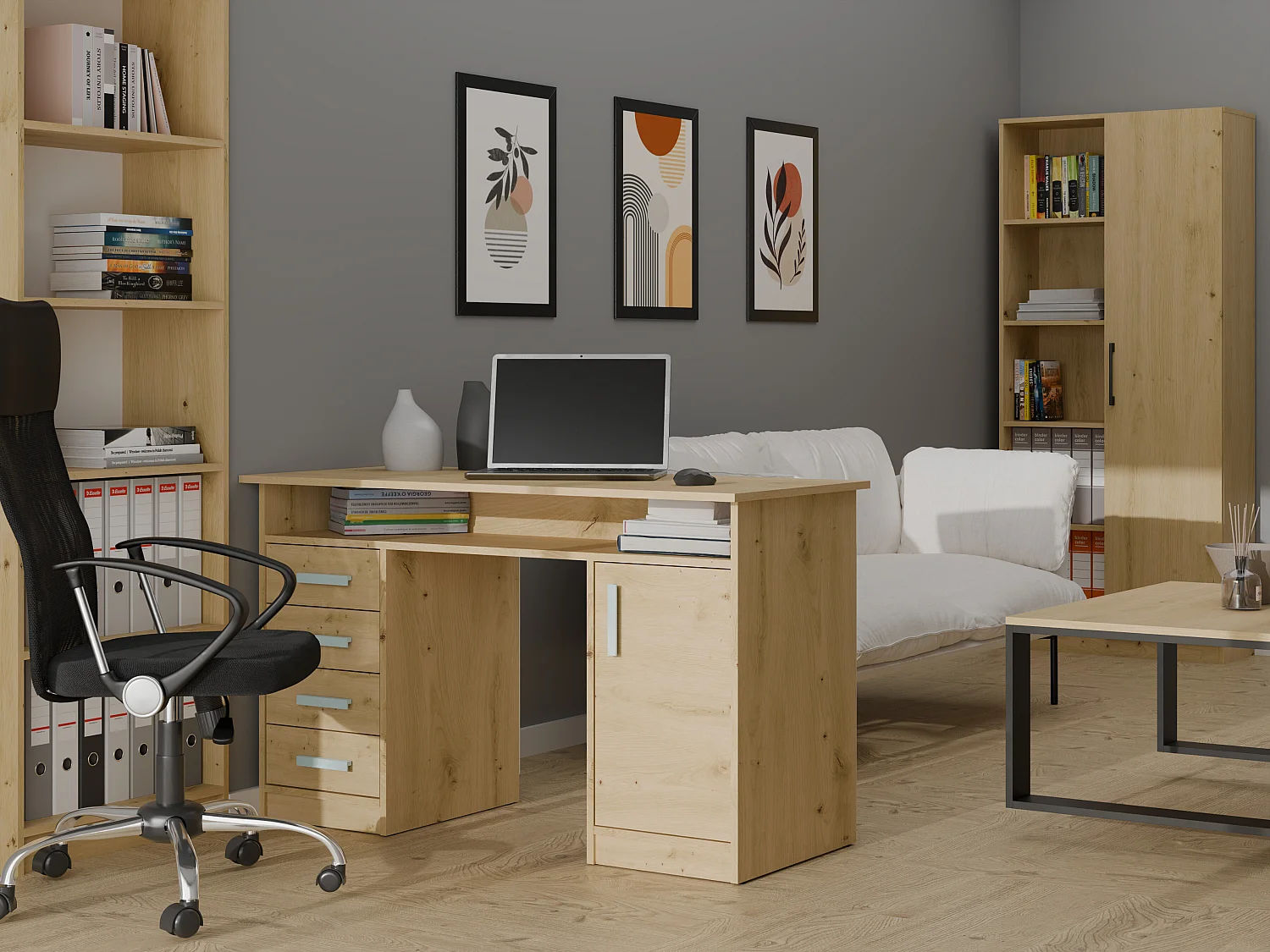 Scrivania 125x75 cm con 4 cassetti e anta rovere SCT9