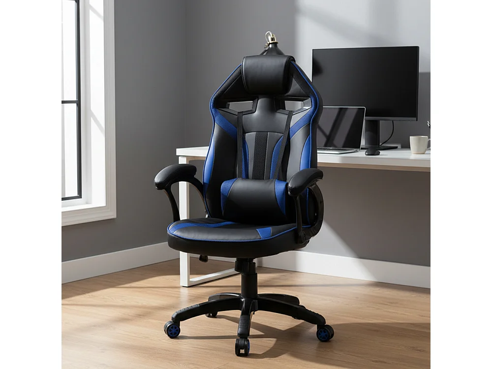 Sedia da ufficio e gaming ergonomica in ecopelle blu/nera ST7