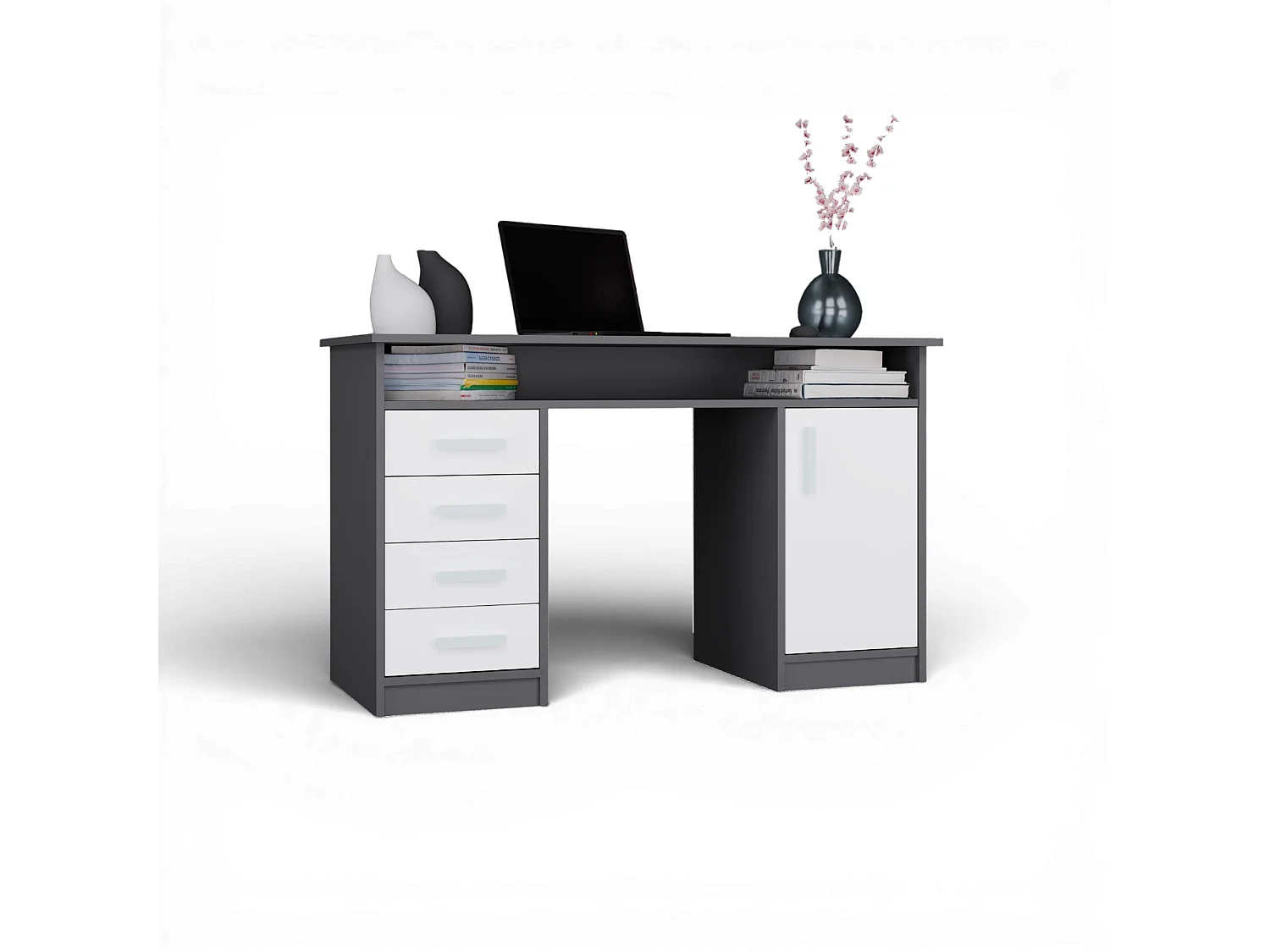 Scrivania 125x75 cm con 4 cassetti e anta bianco/antracite SCT9