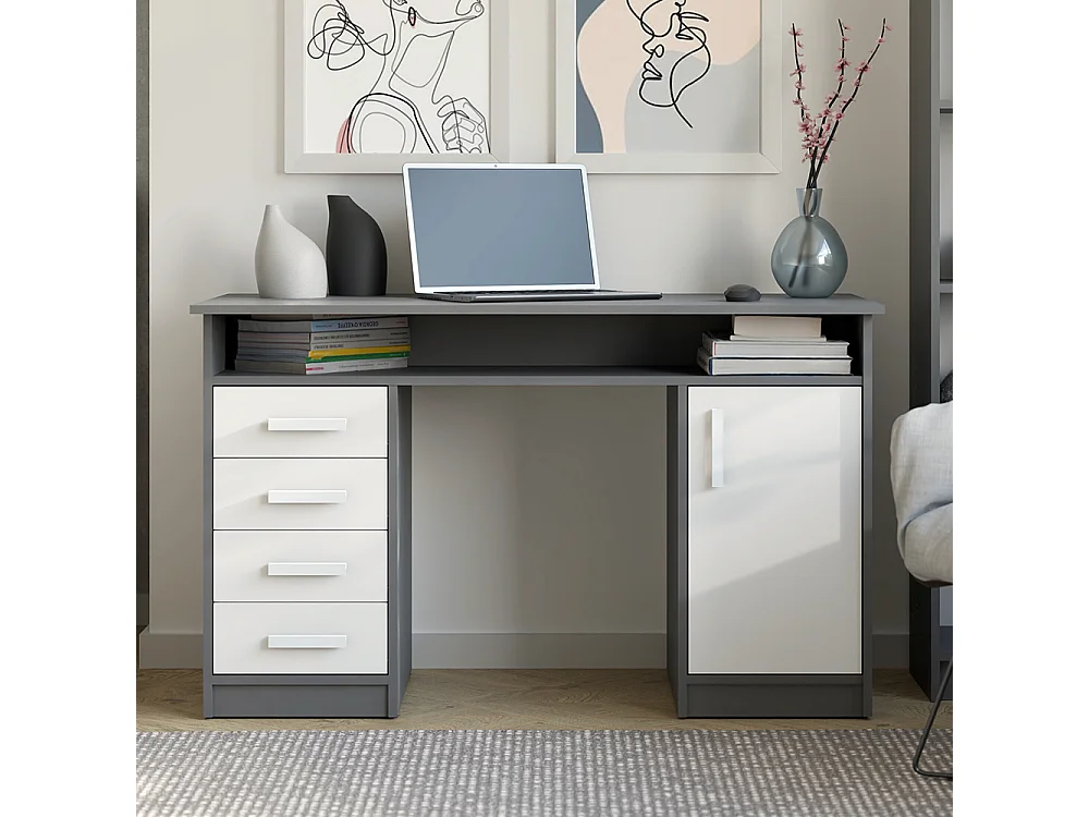Scrivania 125x75 cm con 4 cassetti e anta bianco/antracite SCT9