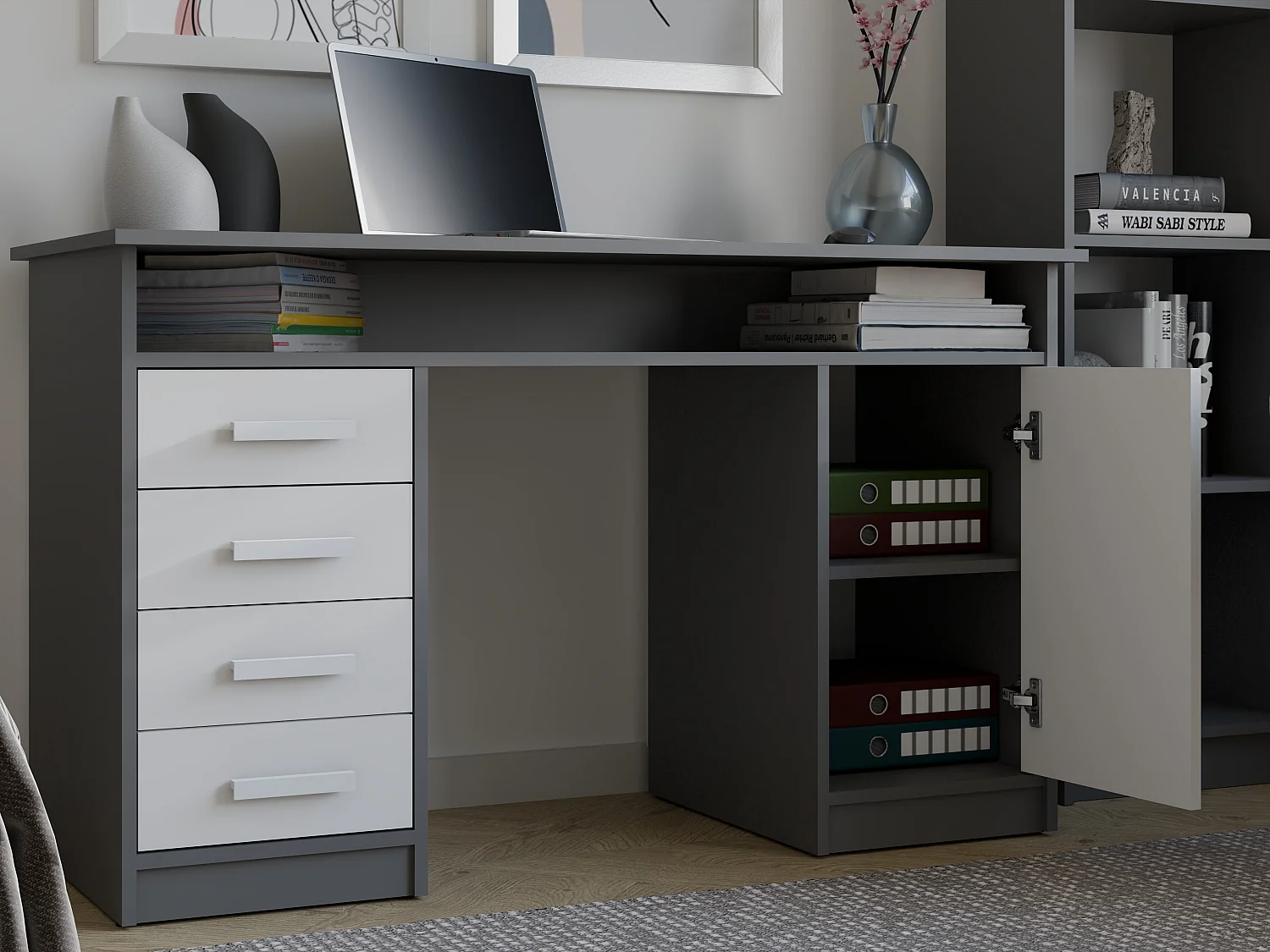 Scrivania 125x75 cm con 4 cassetti e anta bianco/antracite SCT9