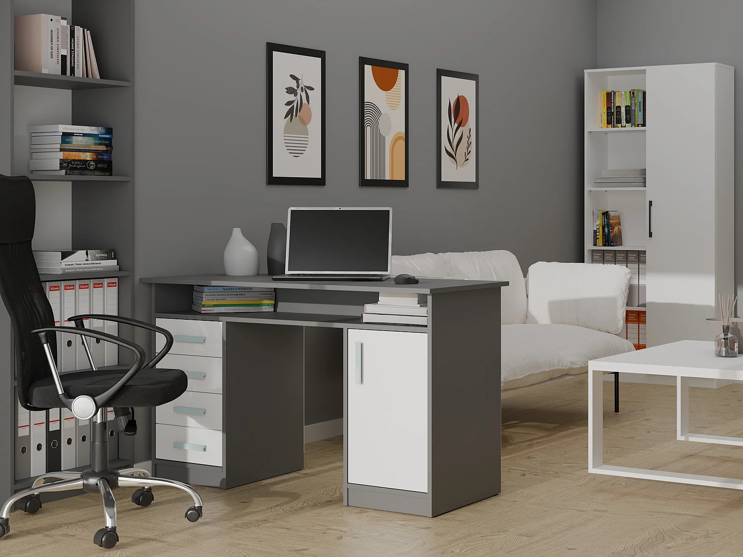 Scrivania 125x75 cm con 4 cassetti e anta bianco/antracite SCT9