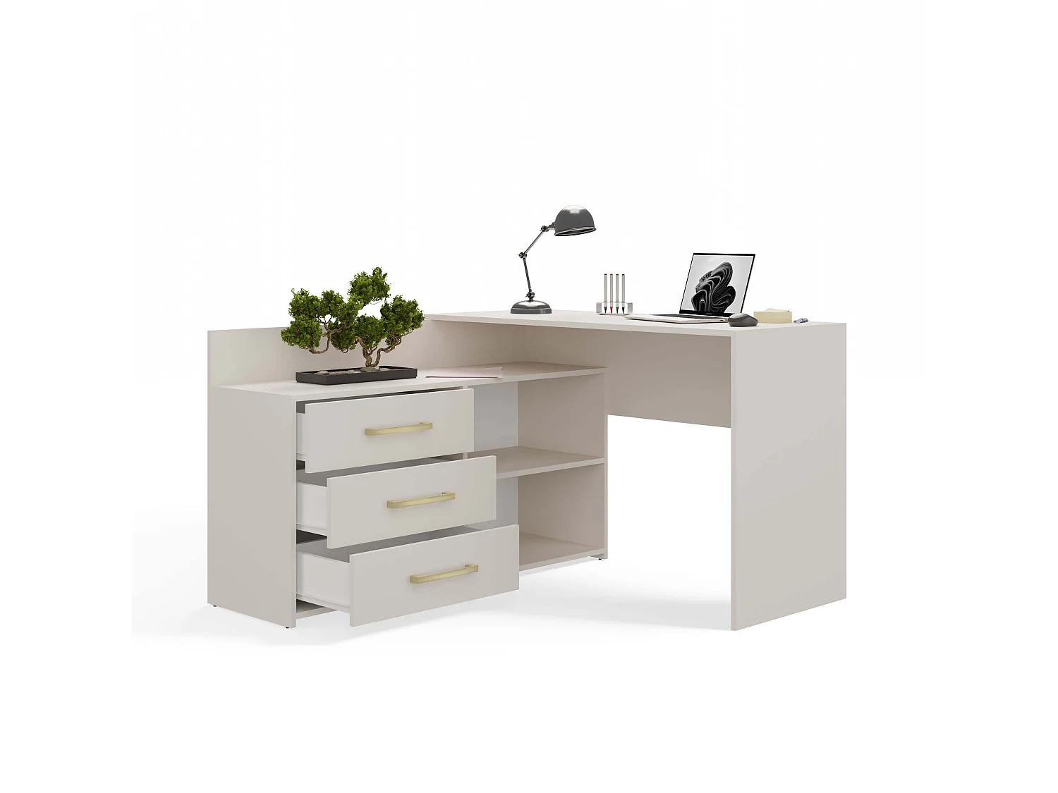 Scrivania angolare moderna con 3 cassetti beige cashmere SCT7