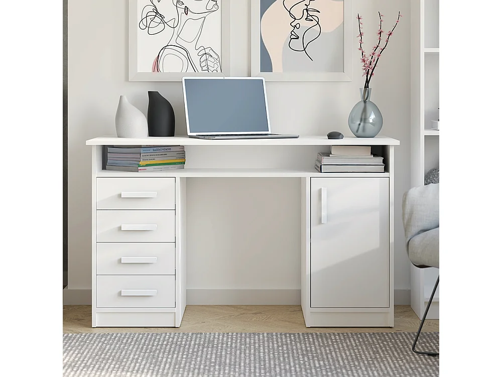 Scrivania 125x75 cm con 4 cassetti e anta bianco SCT9
