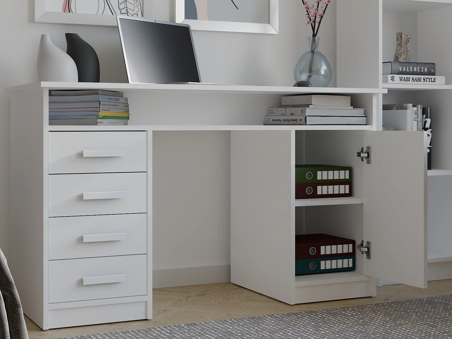 Scrivania 125x75 cm con 4 cassetti e anta bianco SCT9