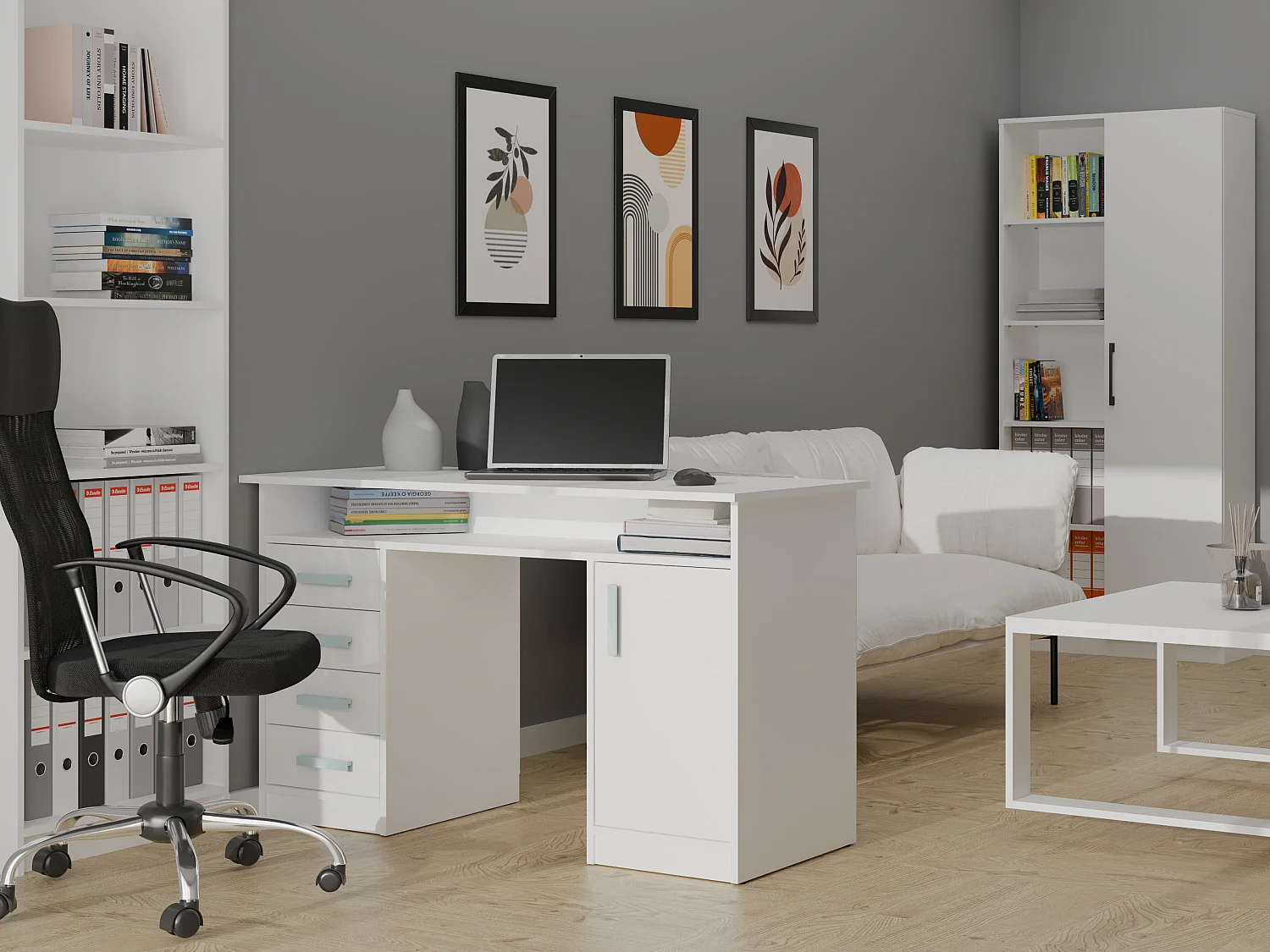 Scrivania 125x75 cm con 4 cassetti e anta bianco SCT9