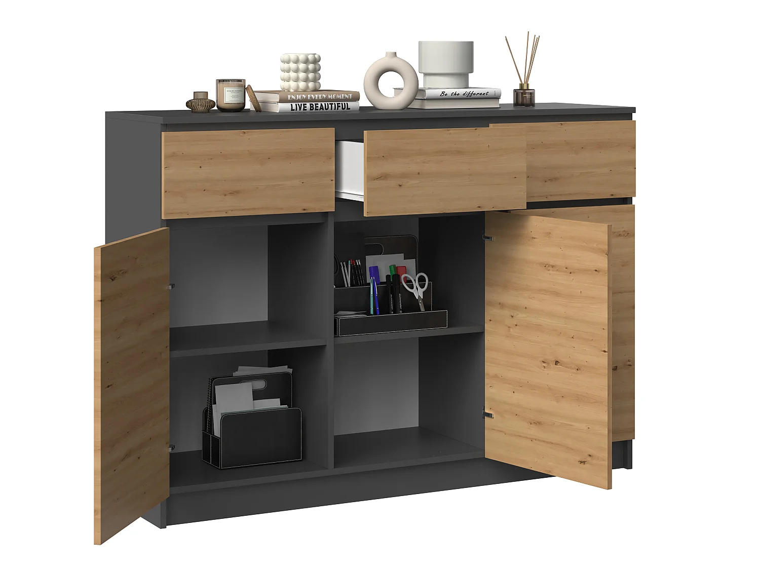 Madia alta 120x97cm con 3 ante e 3 cassetti rovere/antracite MT11