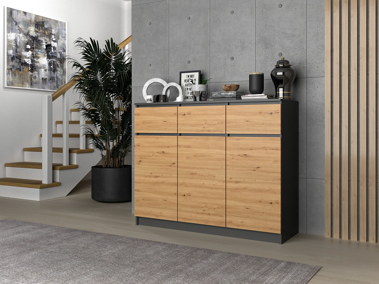 Madia alta 120x97cm con 3 ante e 3 cassetti rovere/antracite MT11