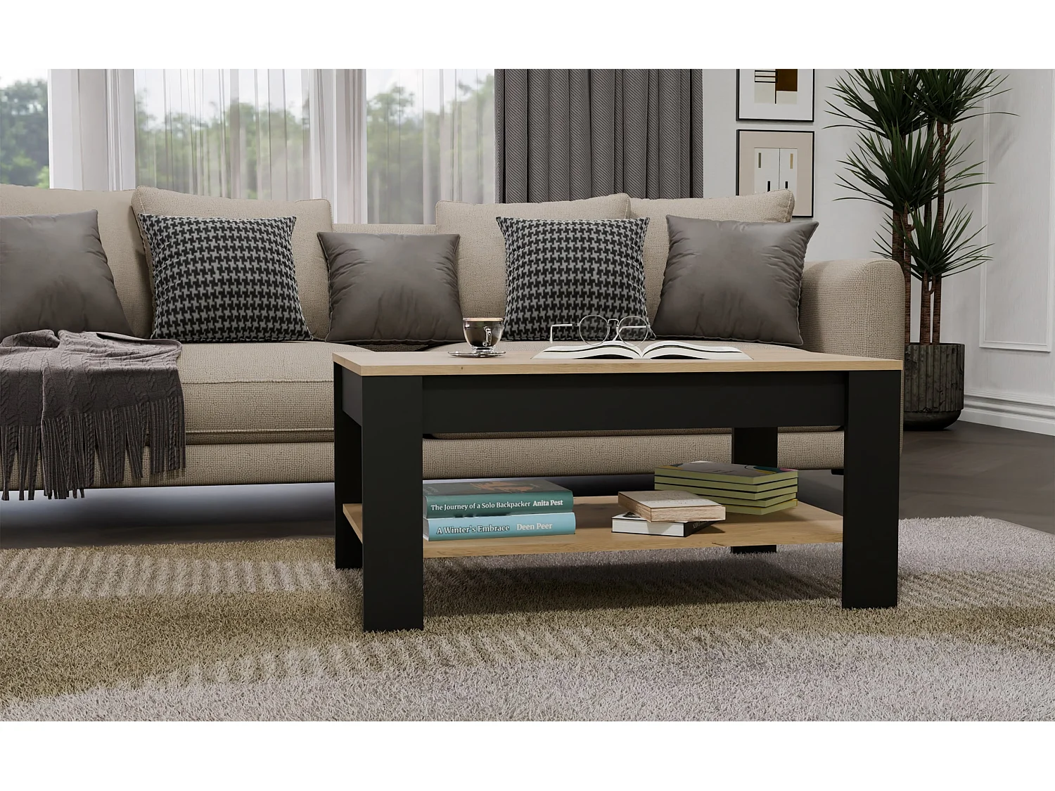 Tavolino da salotto moderno 93x58x44 rovere e nero TST16