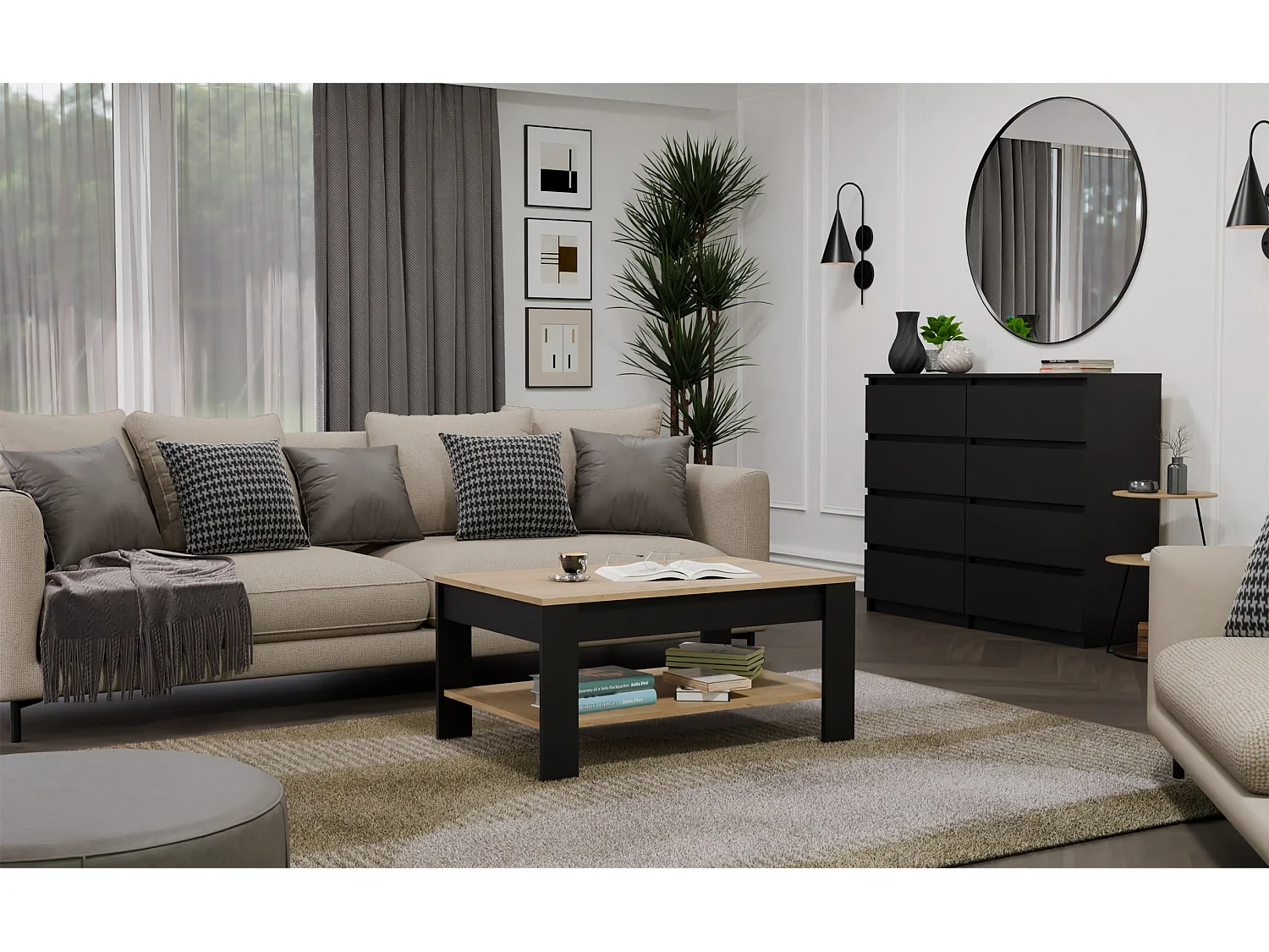 Tavolino da salotto moderno 93x58x44 rovere e nero TST16