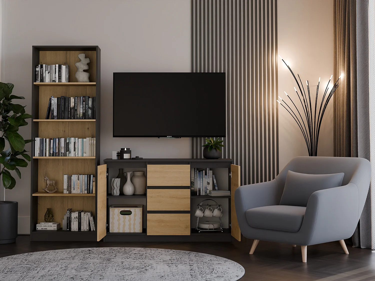 Madia 120 cm con cassetti e ante rovere e antracite MT8