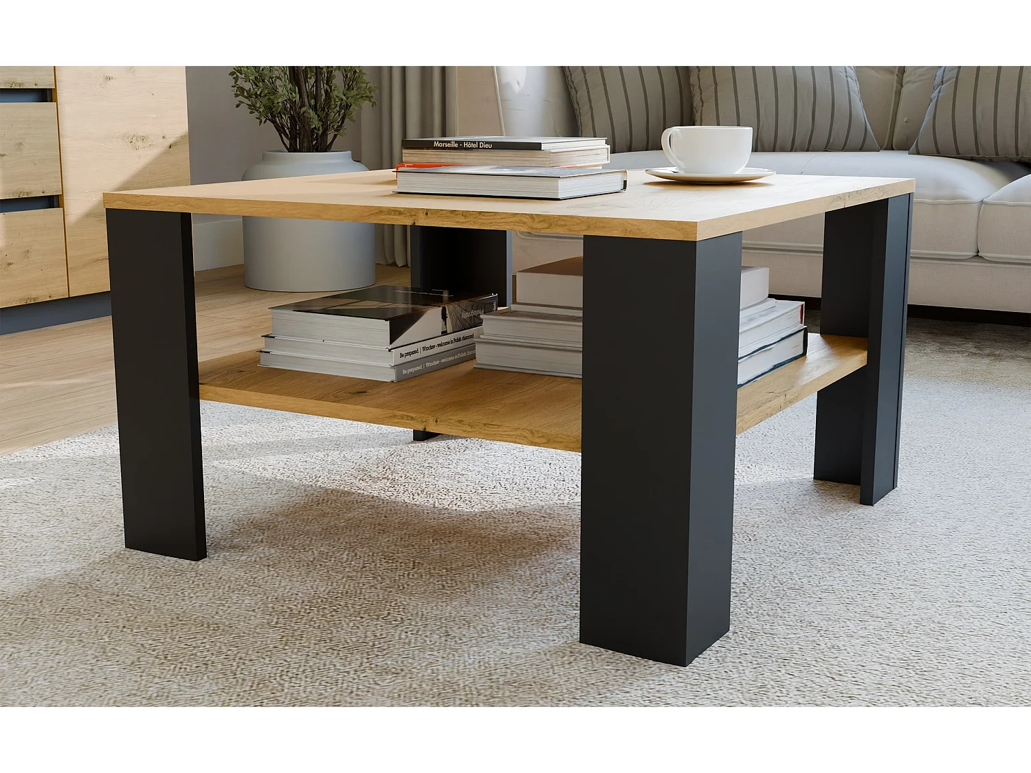 Tavolino da salotto moderno 68x68x40 rovere/nero TST17