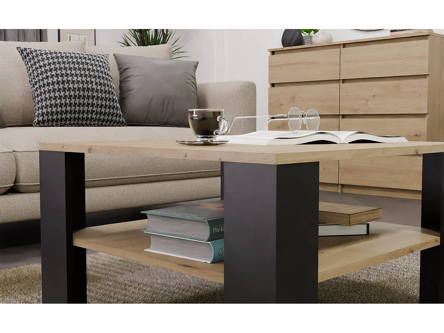 Tavolino da salotto moderno 68x68x40 rovere/nero TST17