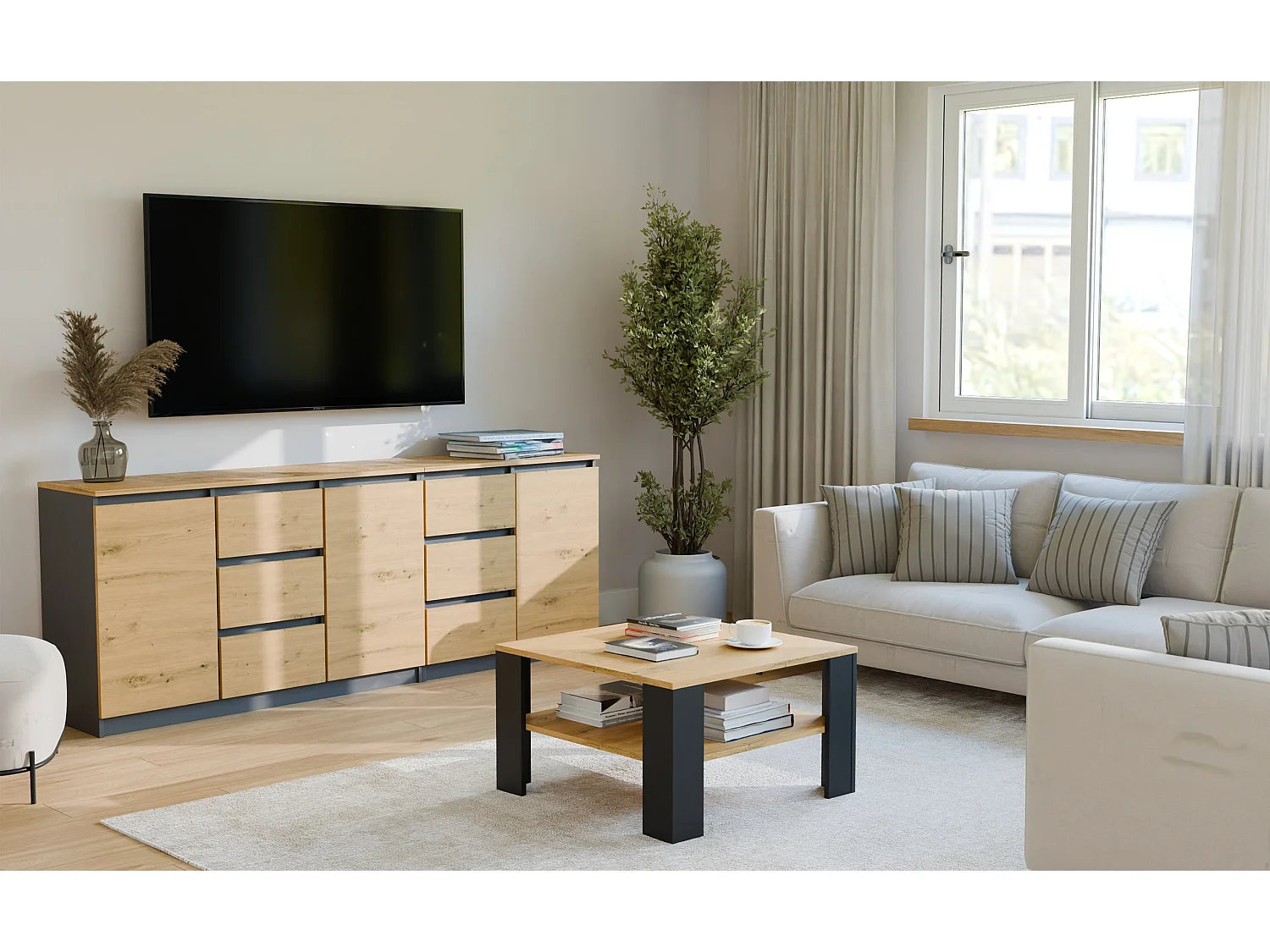 Tavolino da salotto moderno 68x68x40 rovere/nero TST17