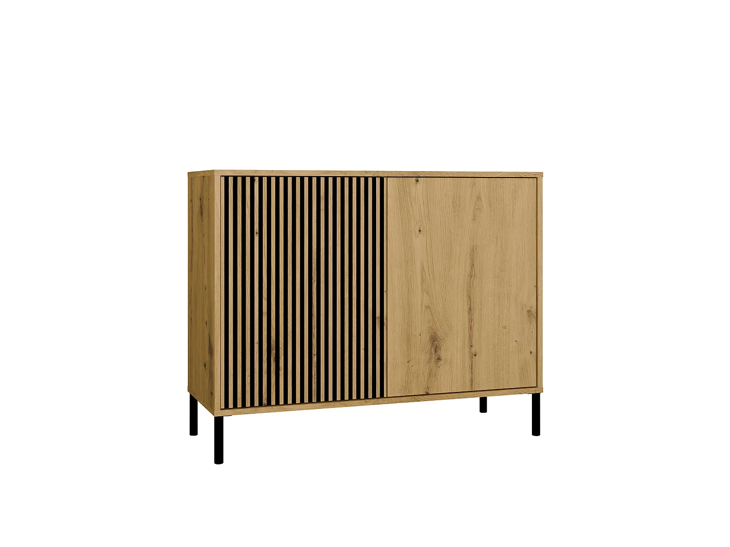 Madia moderna lamellata per soggiorno 103,5 cm con ante tip-on rovere e nero MT4