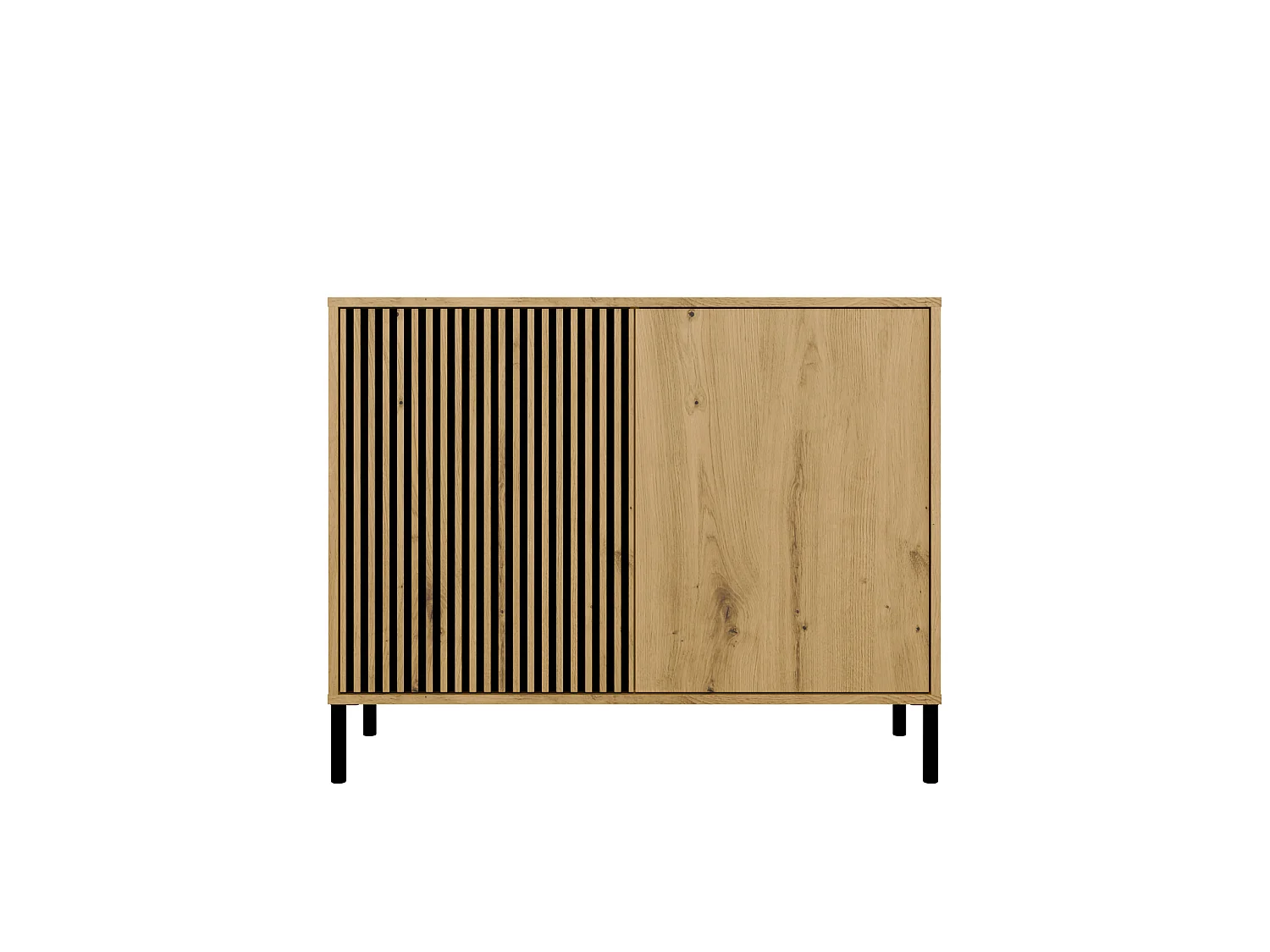 Madia moderna lamellata per soggiorno 103,5 cm con ante tip-on rovere e nero MT4
