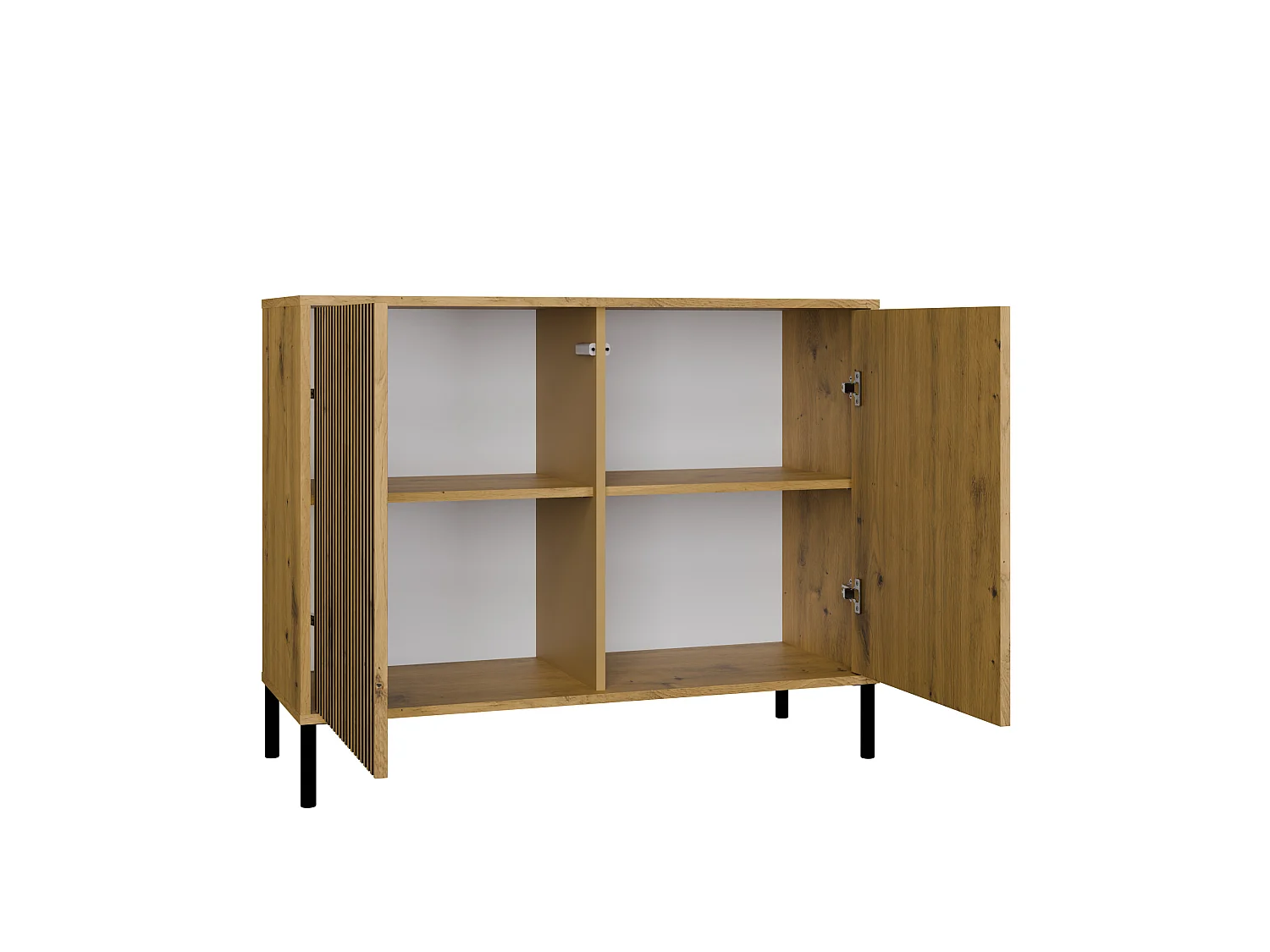Madia moderna lamellata per soggiorno 103,5 cm con ante tip-on rovere e nero MT4