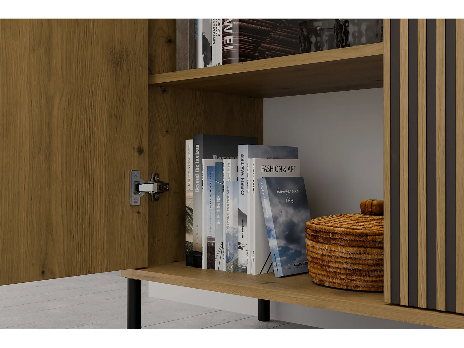 Madia moderna lamellata per soggiorno 103,5 cm con ante tip-on rovere e nero MT4