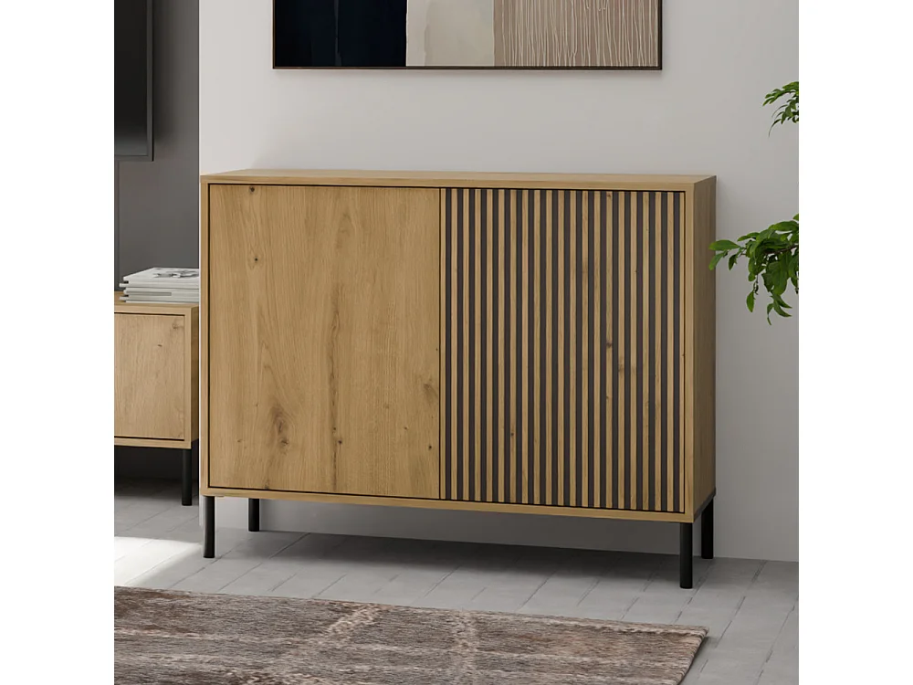 Madia moderna lamellata per soggiorno 103,5 cm con ante tip-on rovere e nero MT4