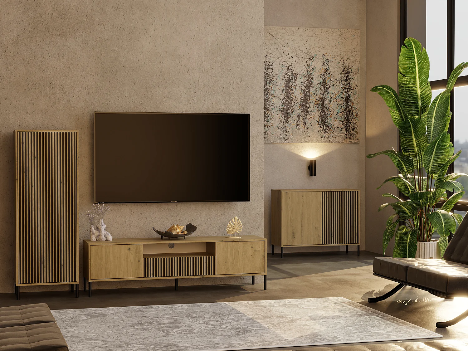 Madia moderna lamellata per soggiorno 103,5 cm con ante tip-on rovere e nero MT4