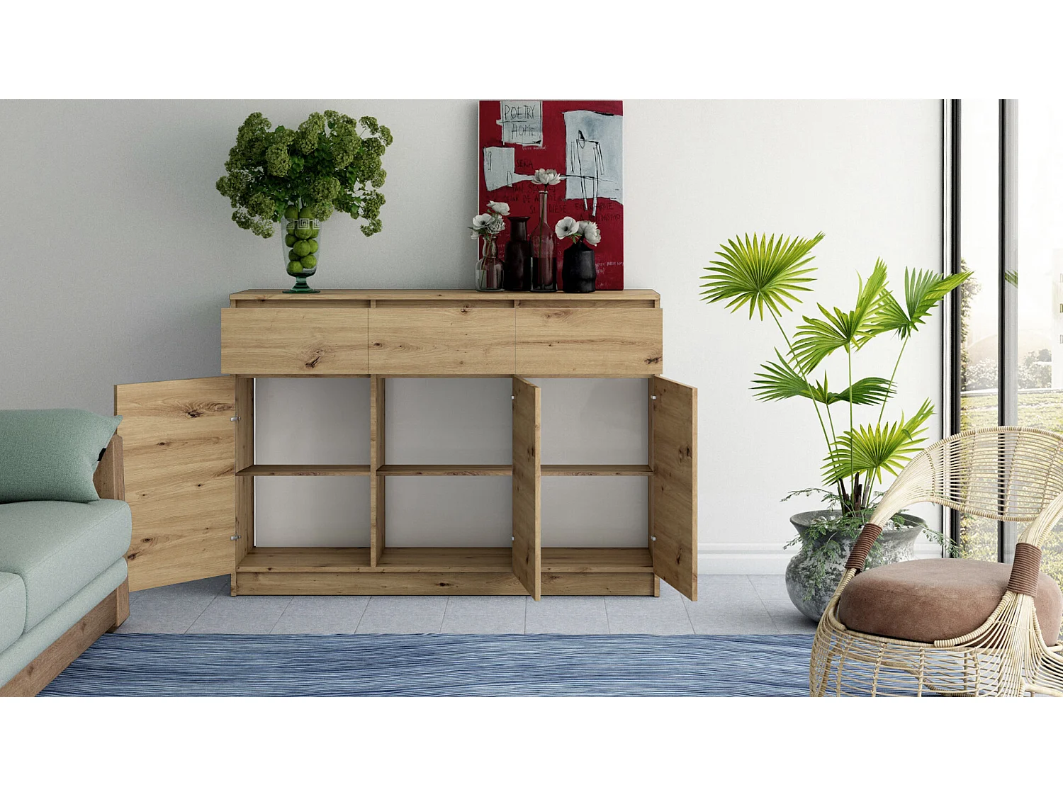 Madia alta 120x97cm con 3 ante e 3 cassetti rovere MT11