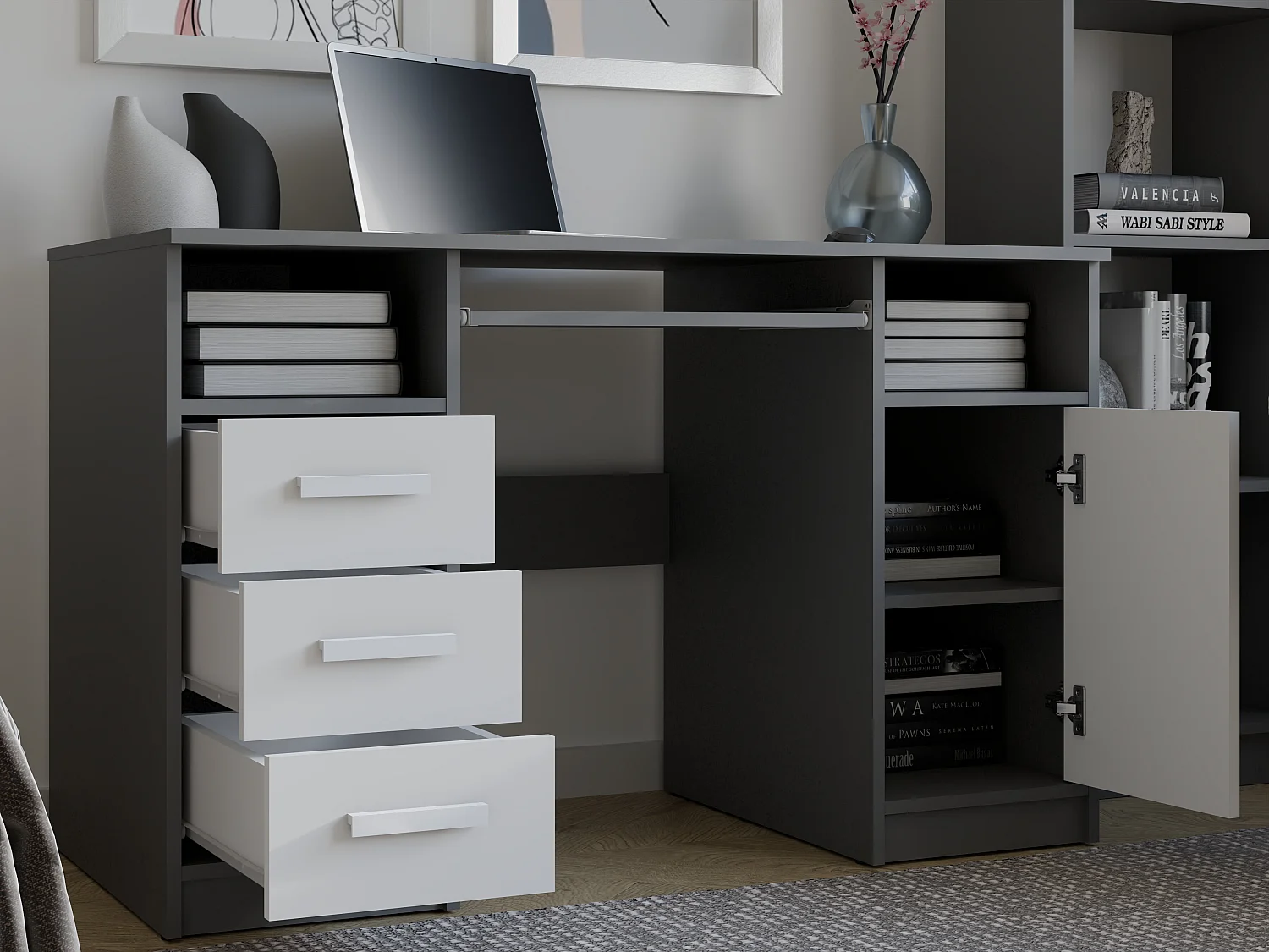 Scrivania 120x75 cm con ante e cassetti bianco/antracite SCT10