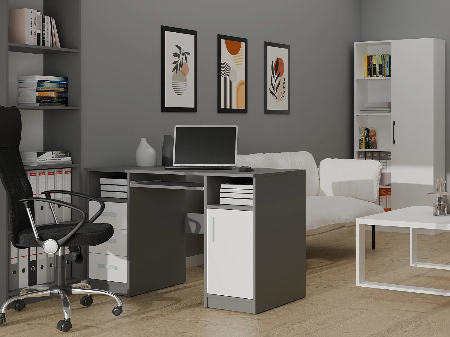 Scrivania 120x75 cm con ante e cassetti bianco/antracite SCT10